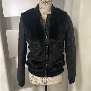 Nanette Lepore Black Bomber Jacket with Furry Texture and Zipper Closure
